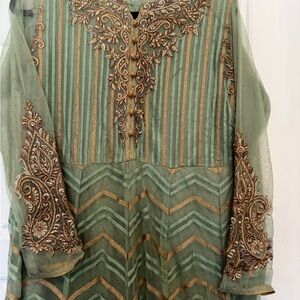Elegant Green and Gold Embroidered Dress